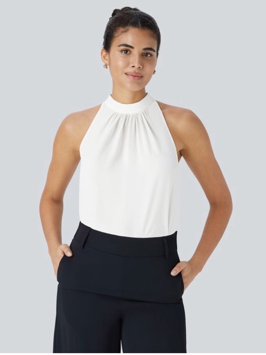 HALARA Tops - Halara Sleeveless High Neck Blouse Top NWT Size XL Ivory Flowy Workwear